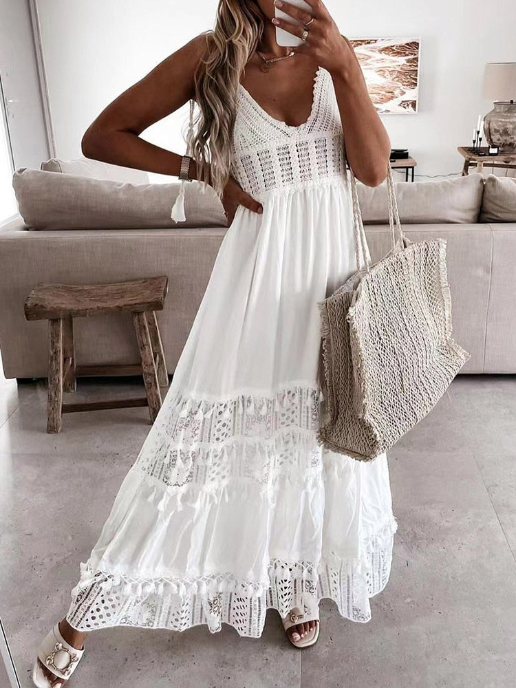 Women V Neck Lace Mesh Dress Solid Slim White Dress