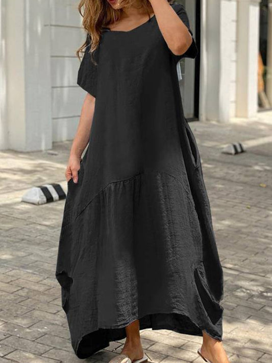 Women's Simple and Casual A-Line Cotton Linen Pocket Dress, Perfect for Summer Season with Short-Sleeves, O-Neckline, and Loose Long Design