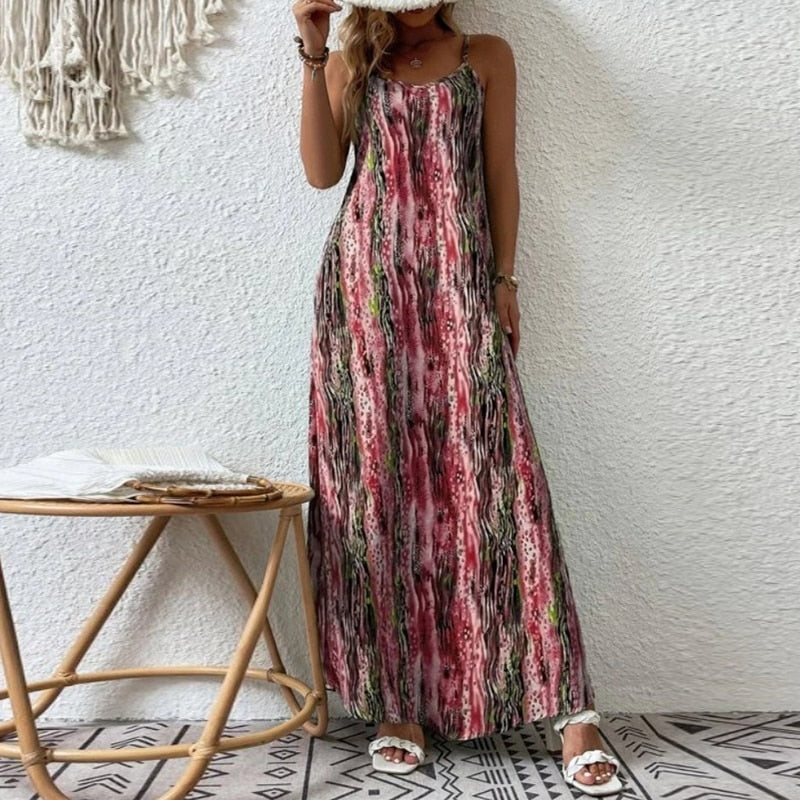 Women Elegant Pattern Printed Bohe Long Dress V-neck Backless Beach Dresses