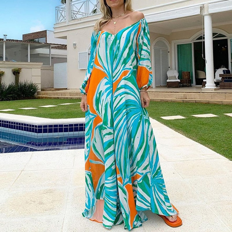 Women's Printed Holiday Long Dress with One-Shoulder Neckline, Backless & Long-Sleeved, Large Hem, Casual & Loose Fit Dress