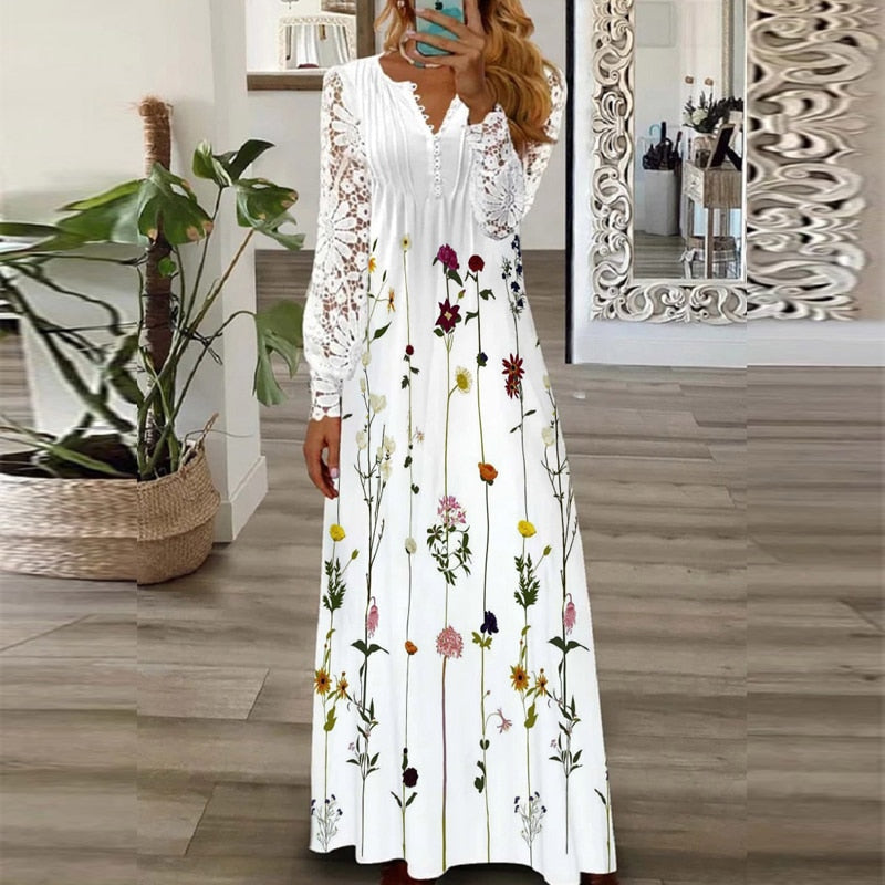 Women's Long Dress with Pattern Printing, Casual Style V-Neckline, Loose Fit