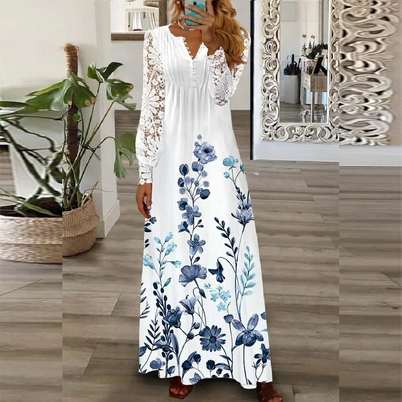 Women's Long Dress with Pattern Printing, Casual Style V-Neckline, Loose Fit