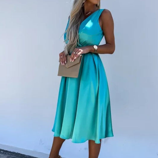 Women V-neck Sleeveless Midi Dress High Waist Satin Big Hem Dress