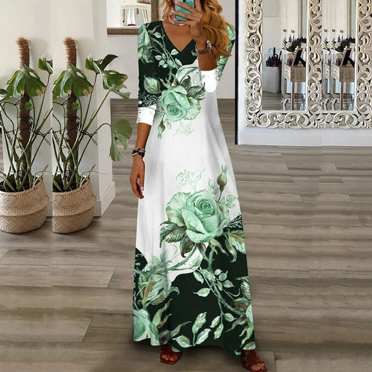 Women Long Sleeve V-Neck Women Long Dress Fashion Flower Print Pullover Dress