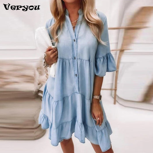 Women Half Sleeve Solid Ruffle Party Dress Casual V-Neck Buttons Ladies Mini Dress