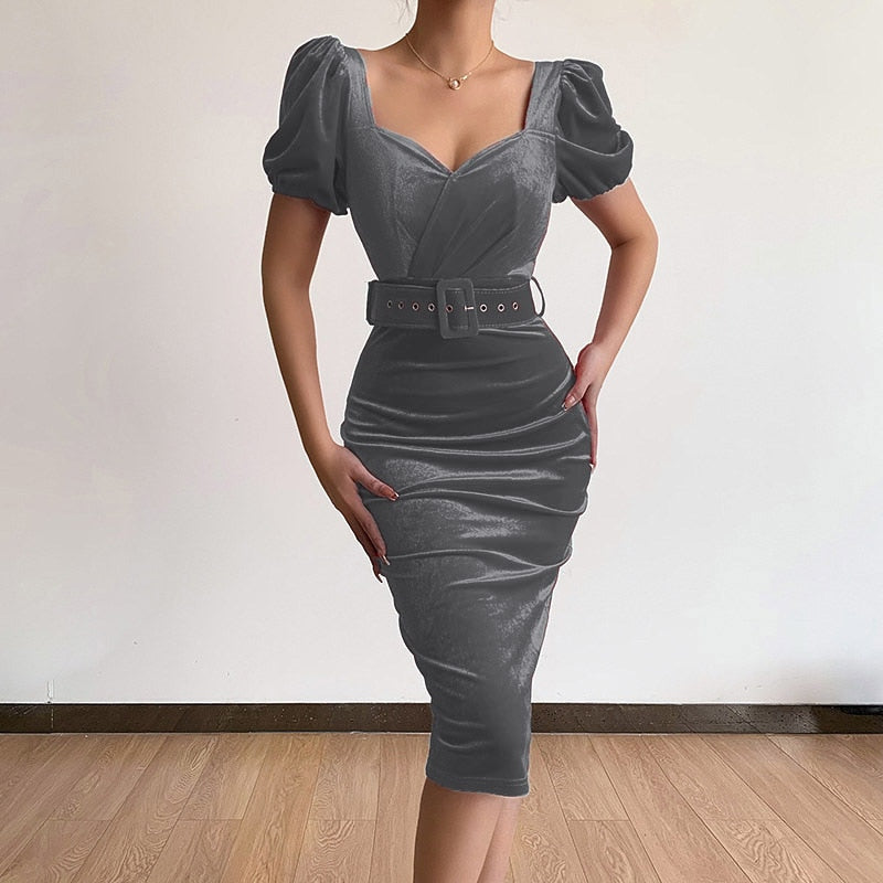 Women Puff Sleeve Pleated Party Dress Casual Office Commuter Dress