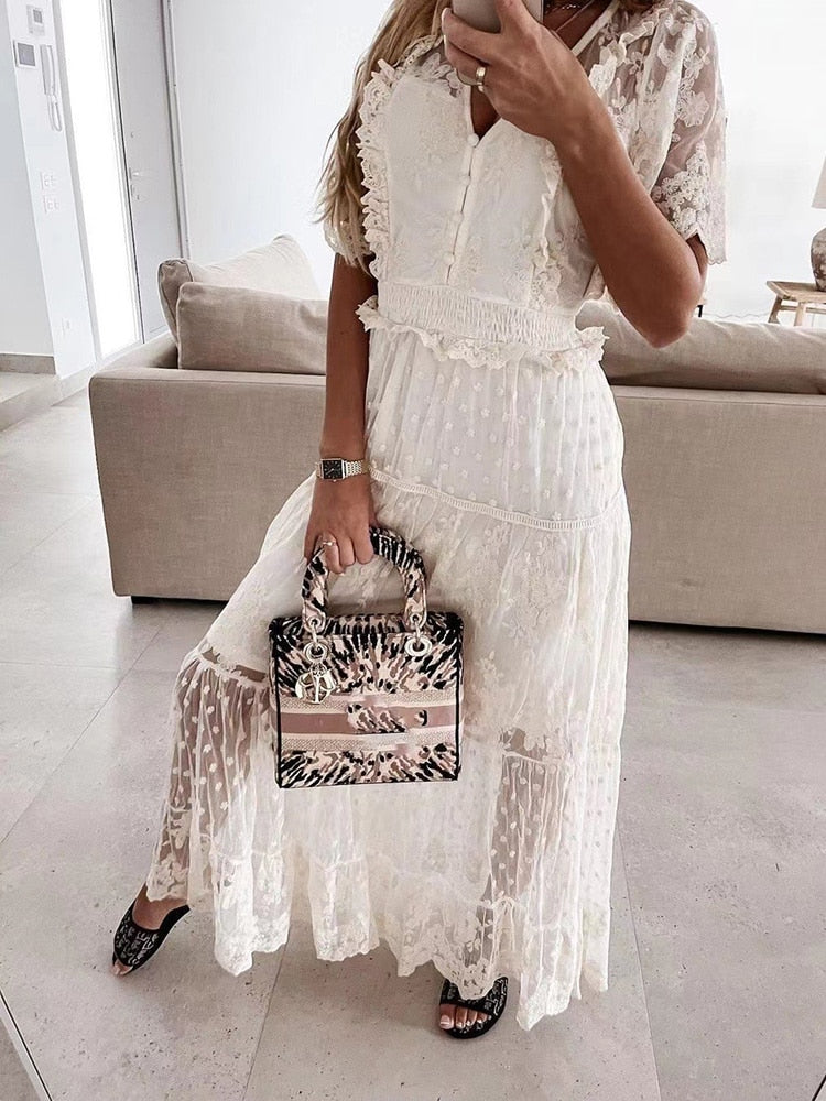 Women V Neck Lace Mesh Dress Solid Slim White Dress