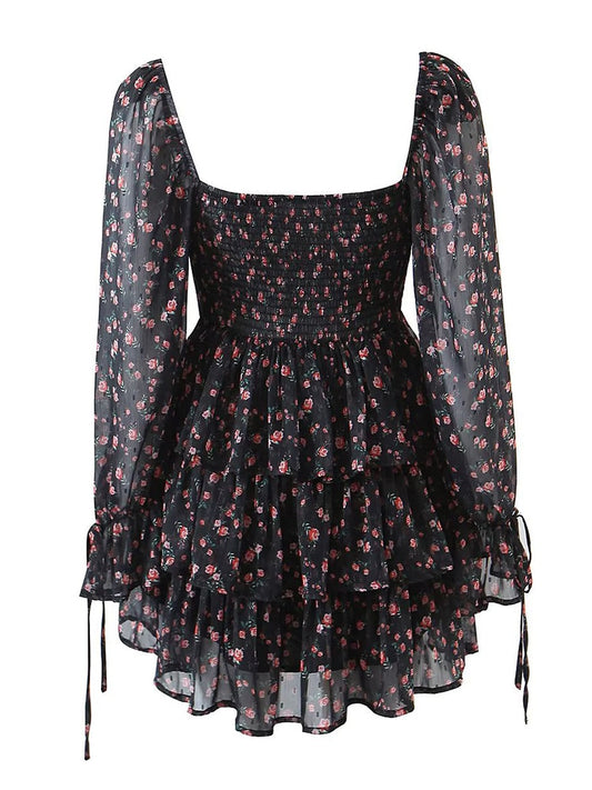 Women Vintage Floral Print Chiffon Long Sleeve Layered Ruffle Short Dress