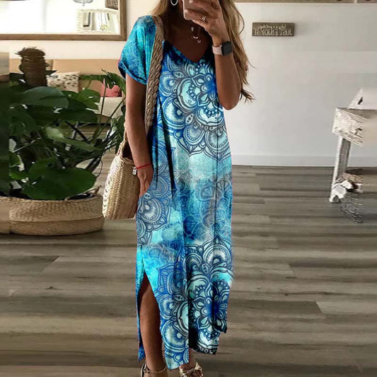 Women Sexy V-neck Side Split Loose Party Dress Printed Short Sleeve Beach Dresses