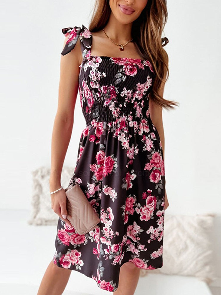 Retro Floral Print Sling Party Dress Bow Lace-up Waist Sleeveless Midi Dress