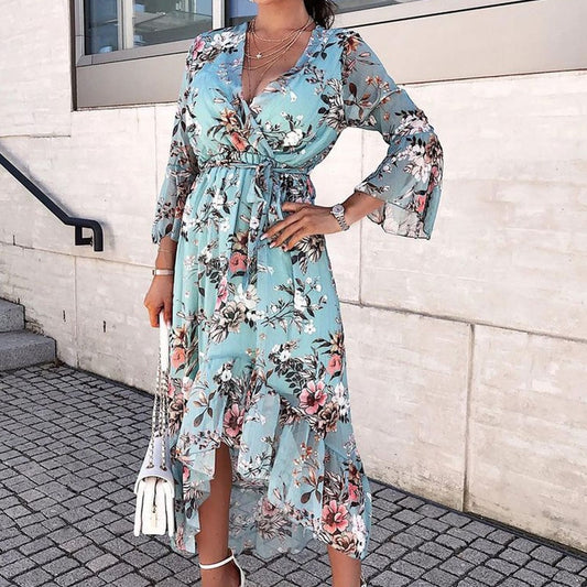 Women Retro Floral Print Irregular Dress 2023 Summer Half-sleeve V-neck Lace-up Lady Dress Fashion Casual Office Ruffle Dresses