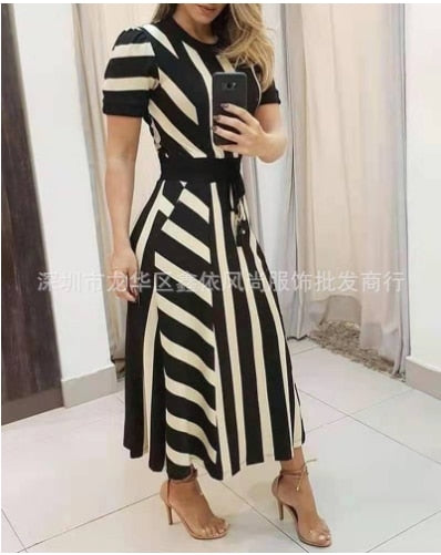 Women's Stripe Long Short Sleeve Women's Round Neck Dress