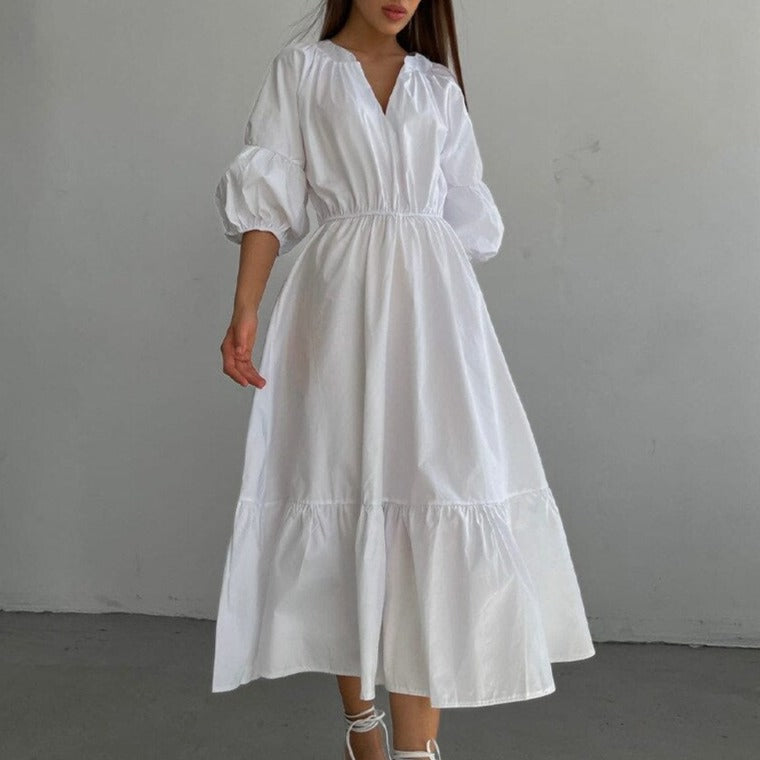 Womens Summer Mid Length Dress Puff Half Sleeve V-Neck Fashion Dress