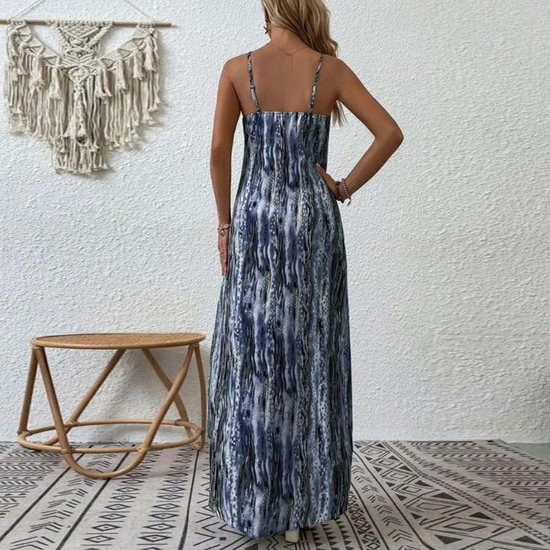 Women Elegant Pattern Printed Bohe Long Dress V-neck Backless Beach Dresses