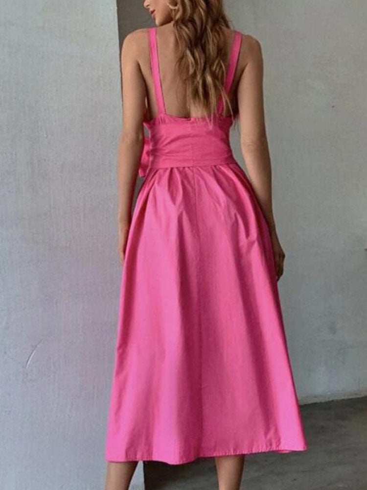 Women V Neck Backless A-Line Party Dress Lady Long Dresses