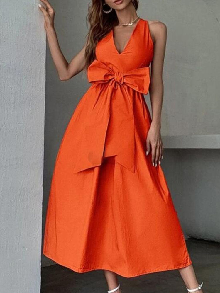 Women V Neck Backless A-Line Party Dress Lady Long Dresses