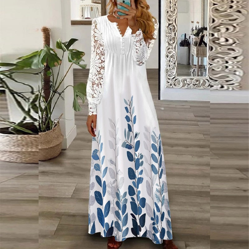 Women's Long Dress with Pattern Printing, Casual Style V-Neckline, Loose Fit