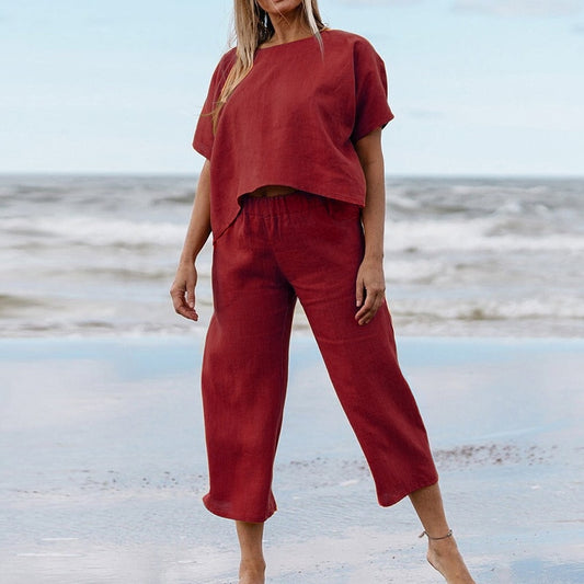 Women O-neck Pullover Tops and Wide Leg Pant Suit Short Sleeve Loose Two Piece Sets