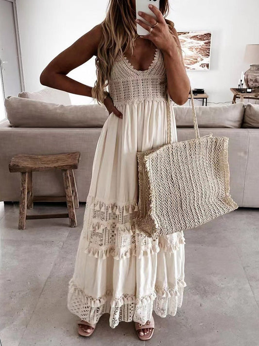 Women V Neck Lace Mesh Dress Solid Slim White Dress