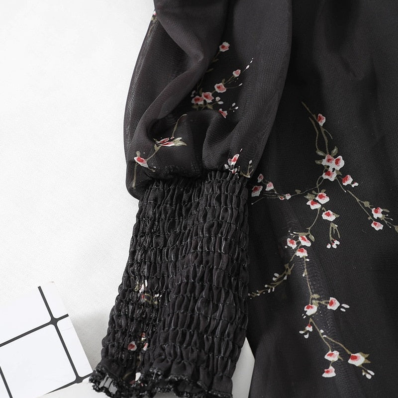 Womens Sexy Black Dress Vintage Flower Long Puff Sleeve Chiffon Dresses