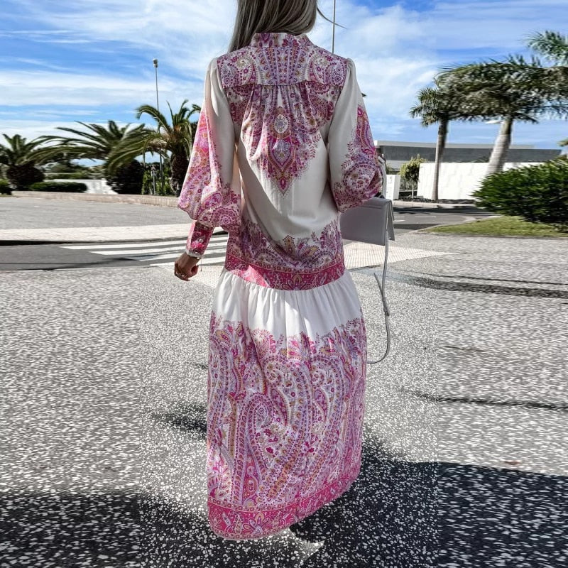 Women Long Sleeve Standing Neck Long Dress Button Shirt Dress Ladies Loose Bohemian Print Dresses