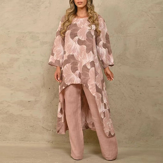 Women's Casual 2-Piece Solid Loose Suit with Long-Sleeve O-Neck Irregular Long Top and Straight Pants