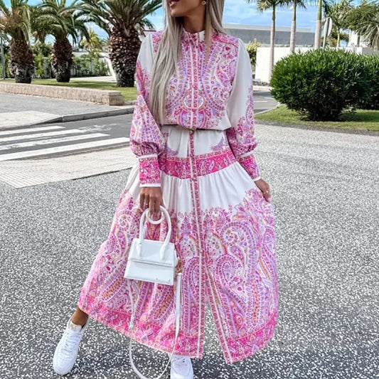 Women Long Sleeve Standing Neck Long Dress Button Shirt Dress Ladies Loose Bohemian Print Dresses