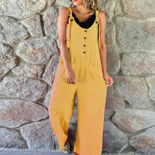 Women Fashion Strappy Button Long Romper Casual Pocket Wide Legger Pant Playsuit Overalls