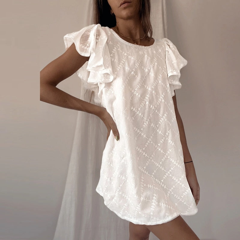 Women Ruffle Short Sleeve O-Neck Mini Dress Fashion White Embroidery Straight Dress