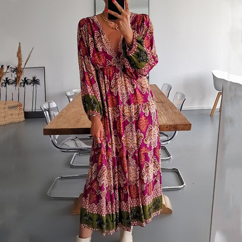 Women's Vintage Pattern Printed Dress with Long Sleeves, V-Neckline, Draped Design, and High Waist for a Casual and Loose-Fitting Fashionable Look