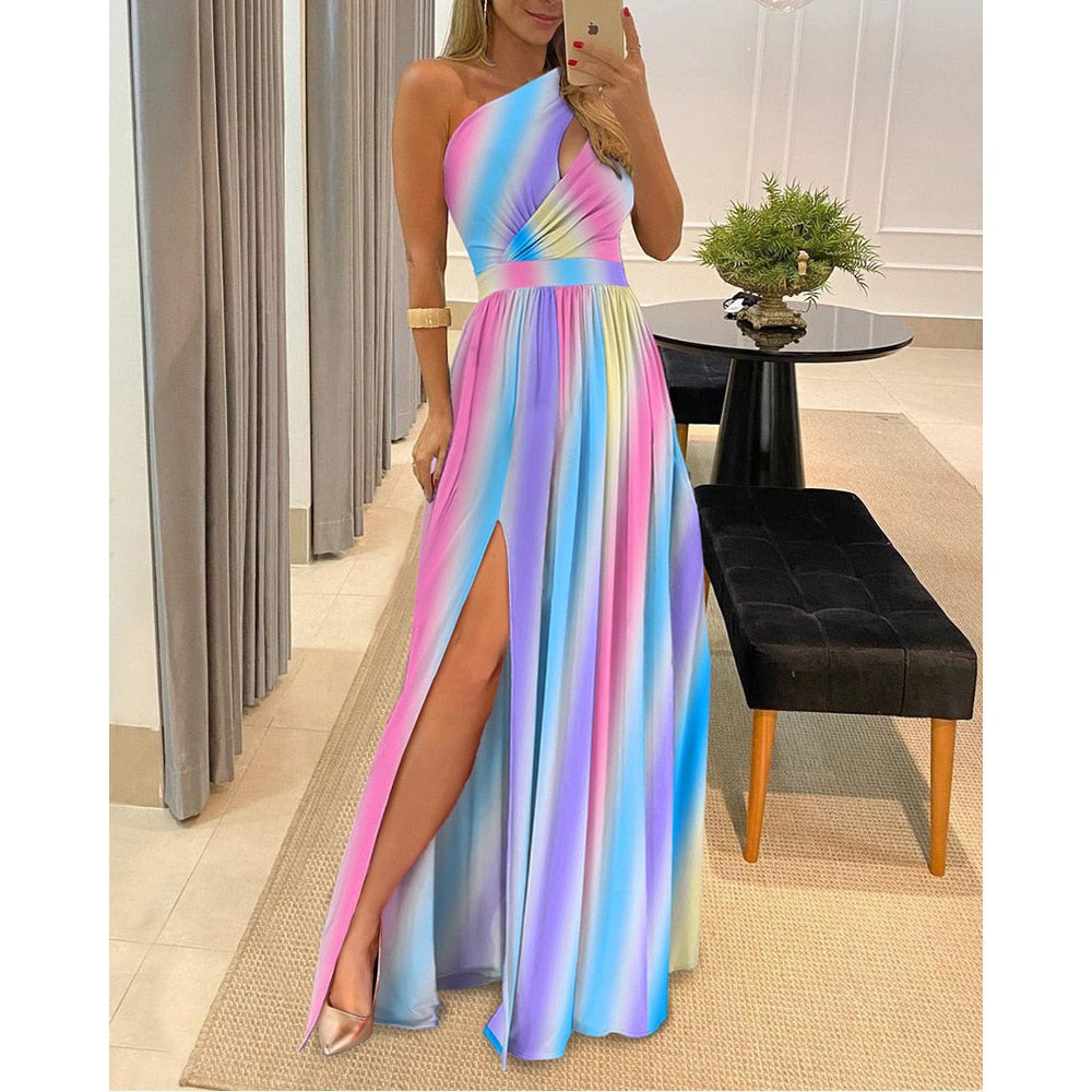 Women High Waist Rainbow Gradient Print Dress