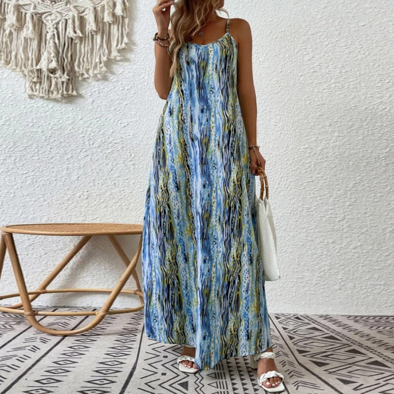 Women Elegant Pattern Printed Bohe Long Dress V-neck Backless Beach Dresses