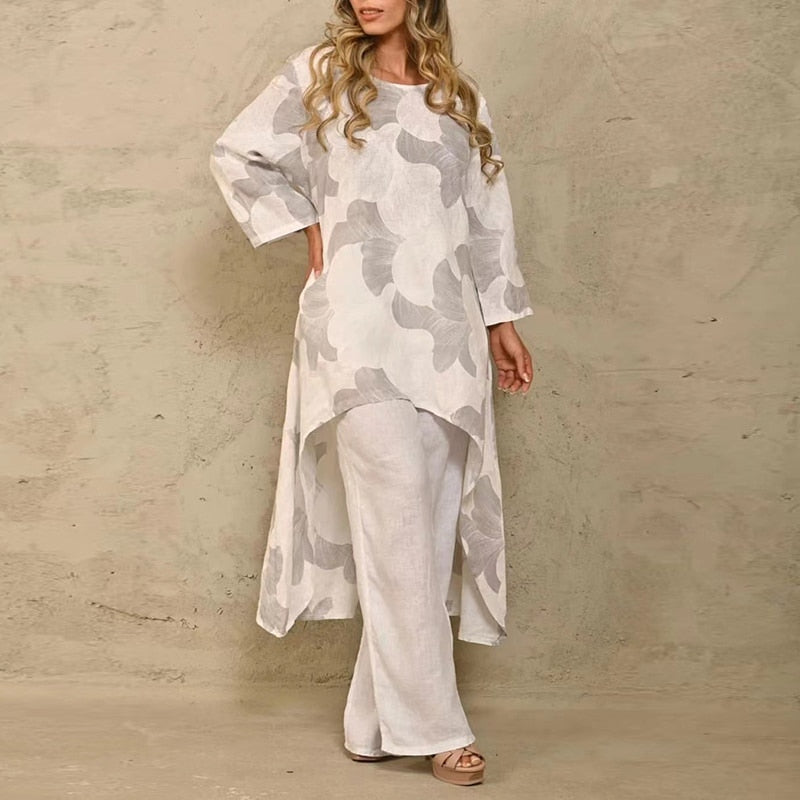 Women's Casual 2-Piece Solid Loose Suit with Long-Sleeve O-Neck Irregular Long Top and Straight Pants