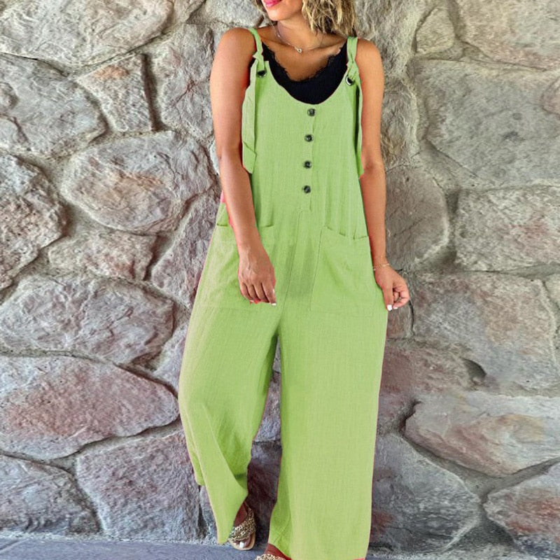 Women Fashion Strappy Button Long Romper Casual Pocket Wide Legger Pant Playsuit Overalls