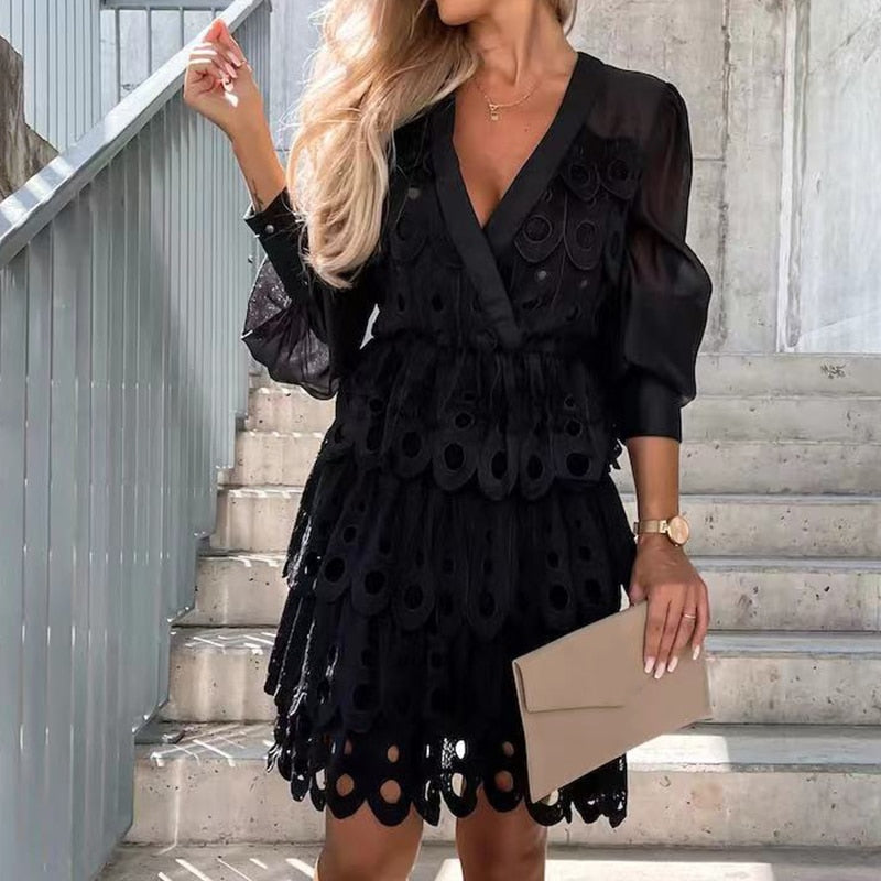 Women Lace Mini Dress Long Sleeve, V-Neck, Solid Color, Commuter Temperament, Loose Fit Dress