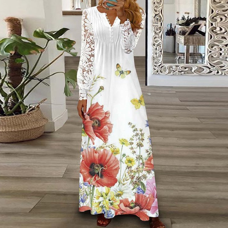 Women's Long Dress with Pattern Printing, Casual Style V-Neckline, Loose Fit