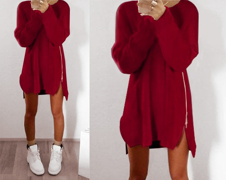 Women Long Sleeve Zippers Side Jumper Sweater Dress