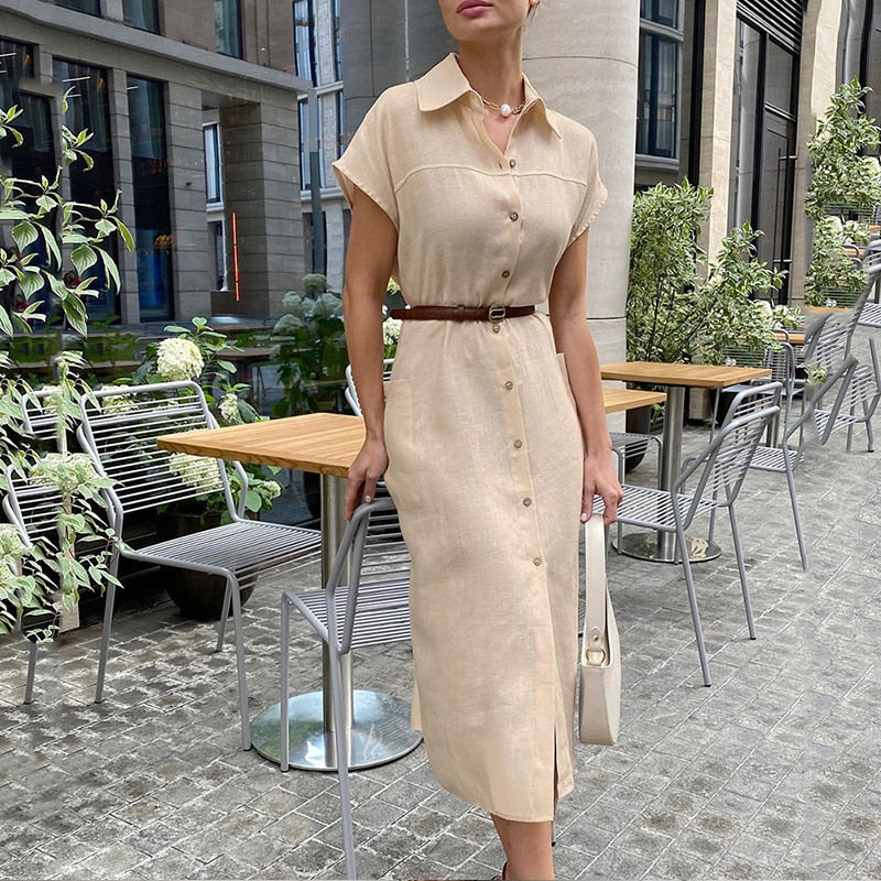 Women Lapel Collar Shirt Dress Elegant Single-breasted Tie-up Long Dress