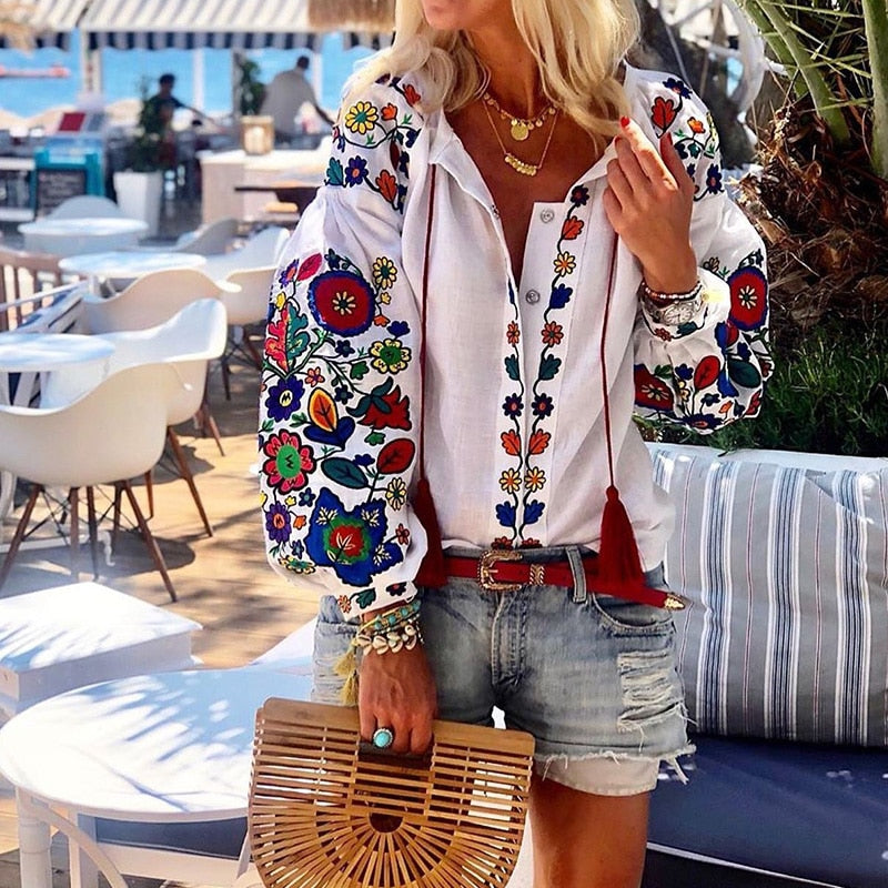 Women Flower Print Loose Shirt Spring Elegant V-neck Button Tassel Blouse