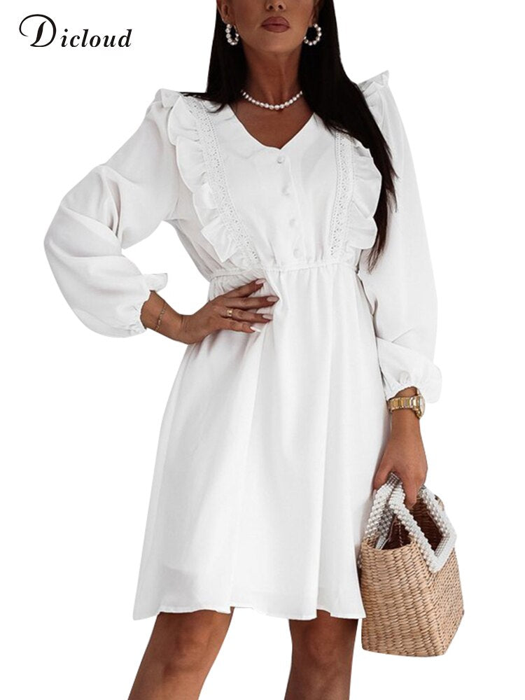 Women V-Neck Elegant Ruffle Long Sleeve Lace Up Party Dress