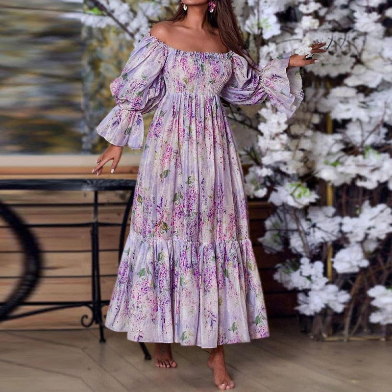 Retro Bohemian Printed Long Dress Women Casual One Neck Flare Sleeve Pleated Dress Ladies Fashion High Waist Slim Ruffle Dresses