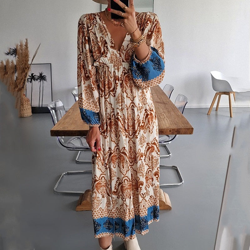 Women's Vintage Pattern Printed Dress with Long Sleeves, V-Neckline, Draped Design, and High Waist for a Casual and Loose-Fitting Fashionable Look