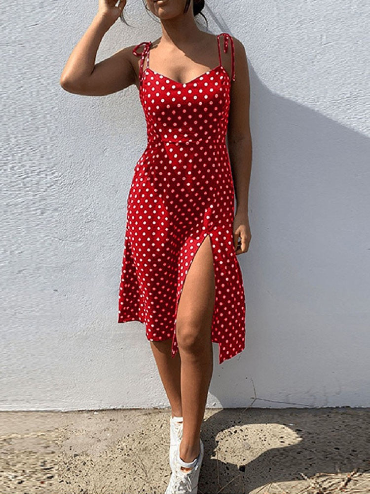 Women Causal Polka Dot Sleeveless High Pleated elastic waist V-Neck Beach Dress