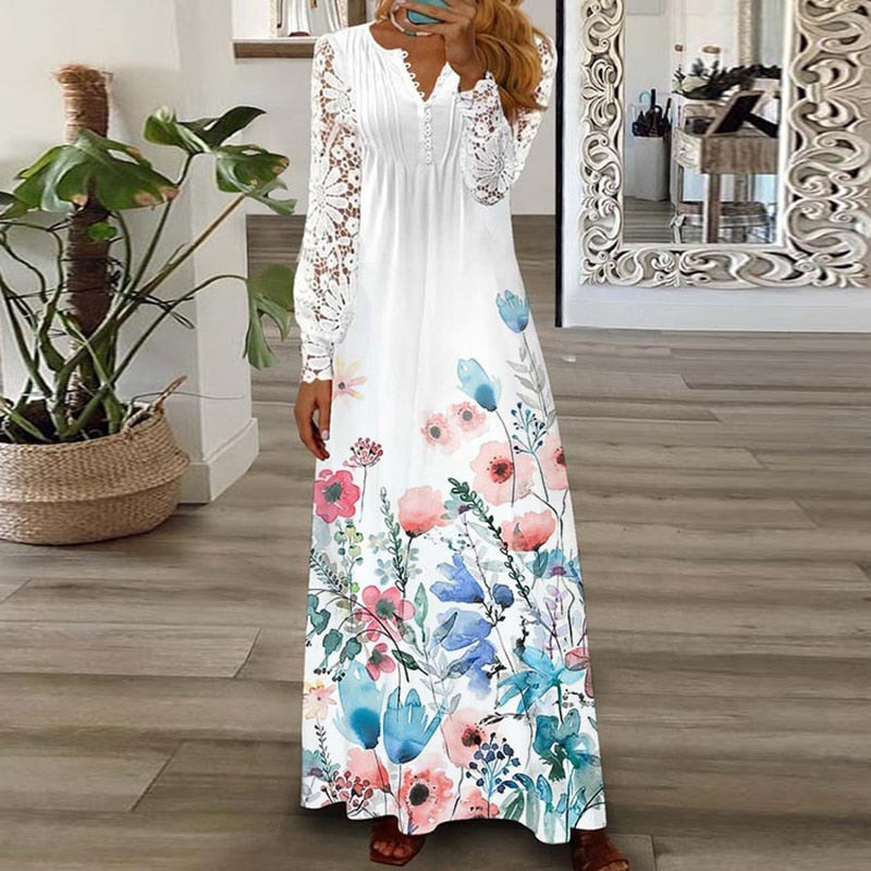 Women's Long Dress with Pattern Printing, Casual Style V-Neckline, Loose Fit