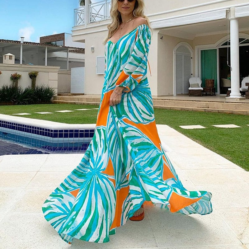 Women's Printed Holiday Long Dress with One-Shoulder Neckline, Backless & Long-Sleeved, Large Hem, Casual & Loose Fit Dress