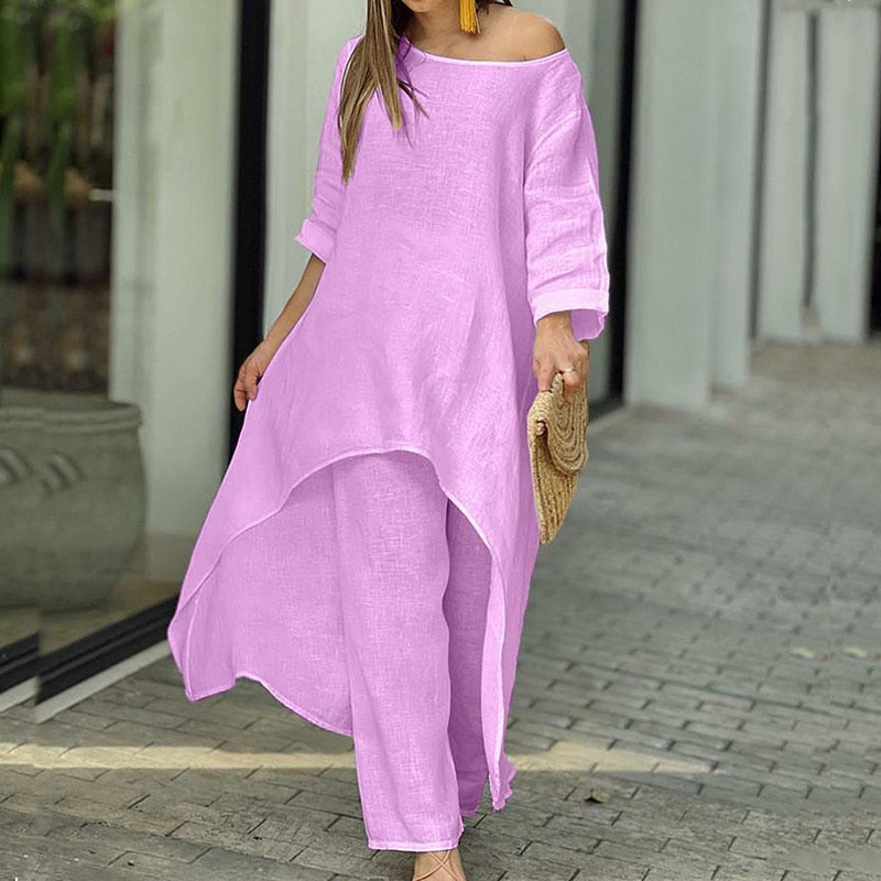 Women's Casual 2-Piece Solid Loose Suit with Long-Sleeve O-Neck Irregular Long Top and Straight Pants