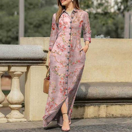 Women Elegant Print Loose Shirt Dress Long Sleeve Party Dress