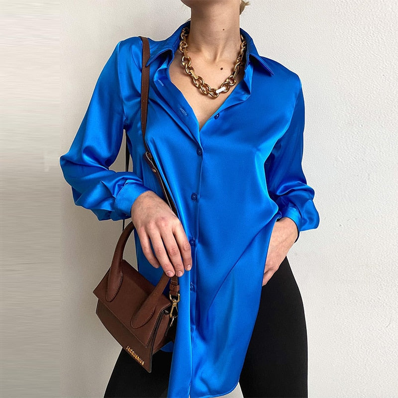 Polo Collar Office Lady blouse Vintage Loose Button Up Down Shirts