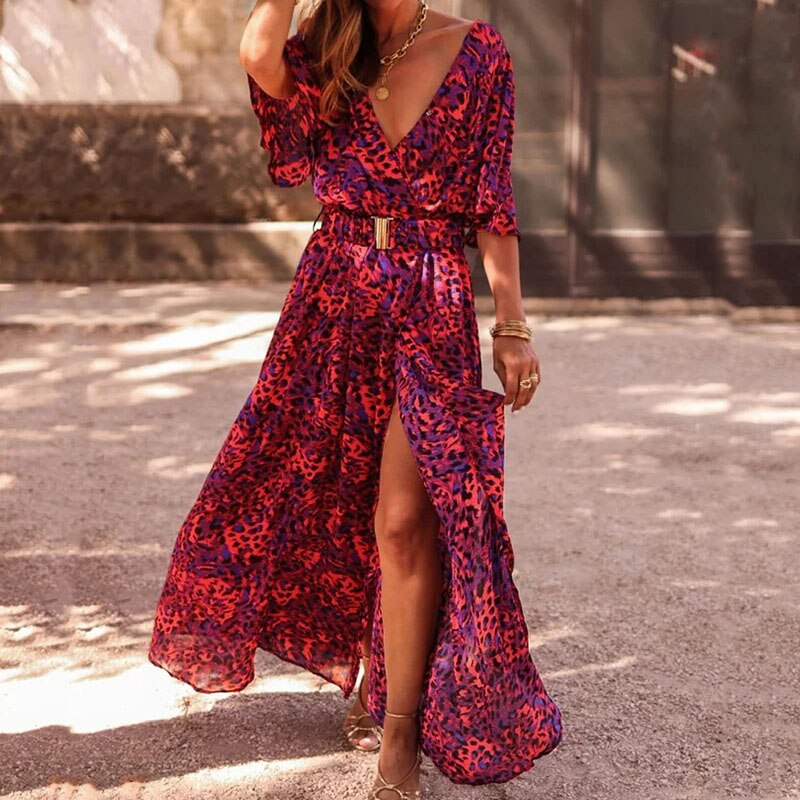 Women Hollow Out High Waist Slit Boho Dress Floral Print Pleated Beach Dress