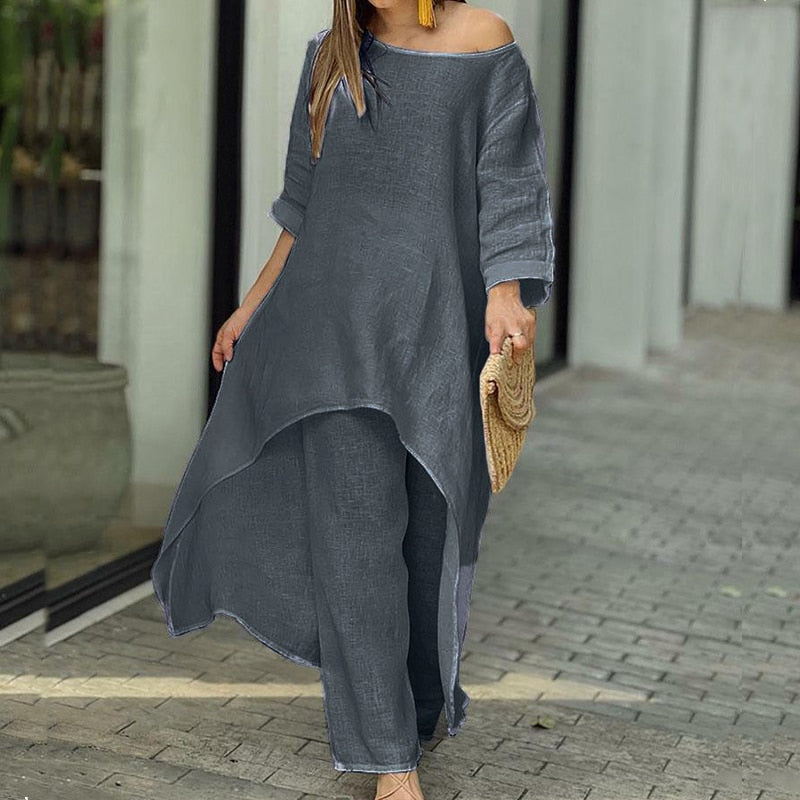 Women's Casual 2-Piece Solid Loose Suit with Long-Sleeve O-Neck Irregular Long Top and Straight Pants